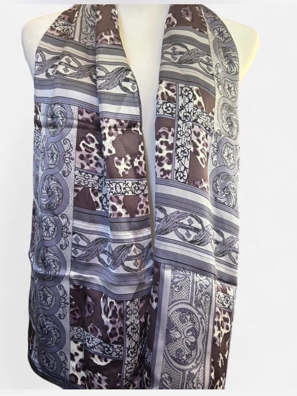 Vintage Bernie of NY Elegant Printed Long silk Scarf in Muted Tones